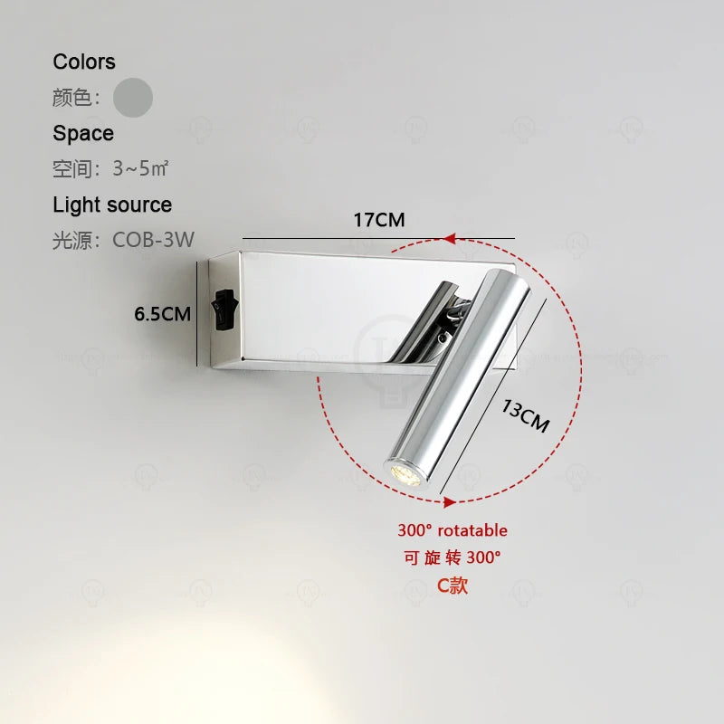 Modern bedroom bedside reading small wall lamp electroplated silver study living room children's room adjustable angle wall lamp