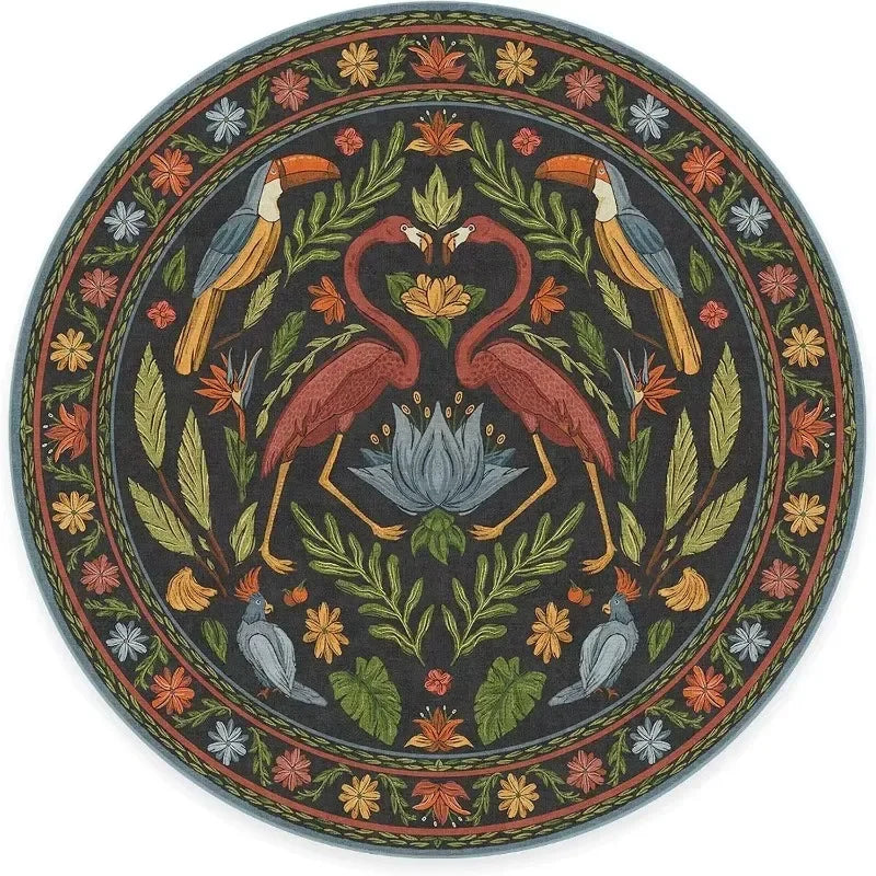 Living Room Round Rug for Bedroom Bedside Anti-Slip Floor Mat Bohemian Style Animal Plant Carpets Retro Home Decoration Rug