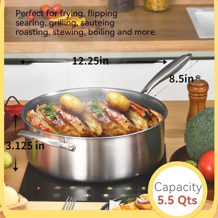 6 Quarts Hybrid Non Stick Tri-Ply Stainless Steel Sauté Pan with Lid,12 Inch Deep Frying Pan,Large Skillet,Induction C