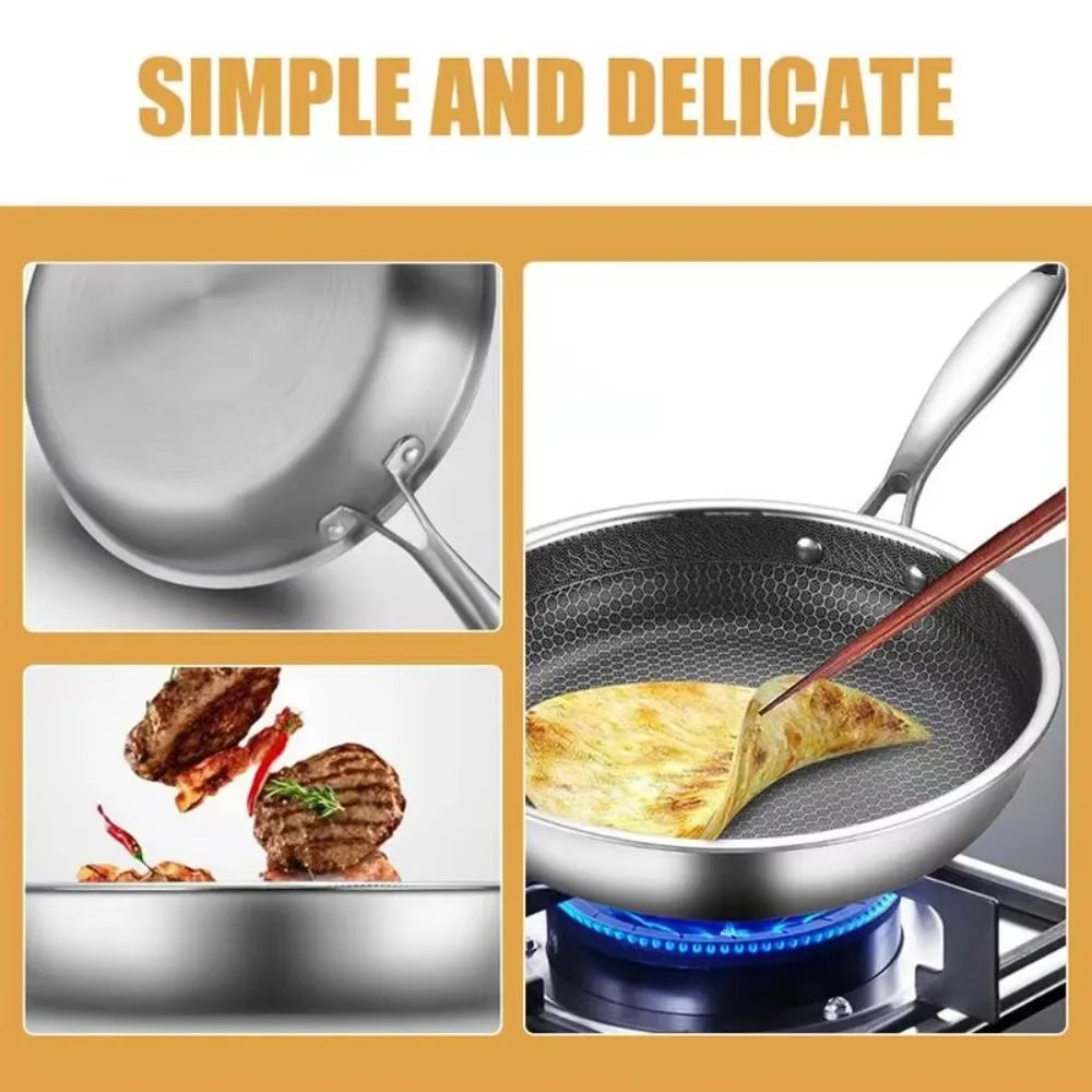 26/28/30cm Frying Pan Non-coated Stainless Steel Honeycomb Pot Thickened Multi-functional NonStick Pan Gas Induction Cooker
