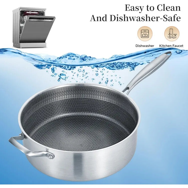 6 Quarts Hybrid Non Stick Tri-Ply Stainless Steel Sauté Pan with Lid,12 Inch Deep Frying Pan,Large Skillet,Induction C