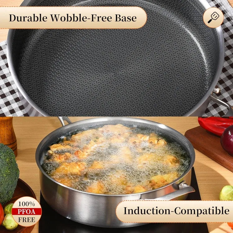 6 Quarts Hybrid Non Stick Tri-Ply Stainless Steel Sauté Pan with Lid,12 Inch Deep Frying Pan,Large Skillet,Induction C
