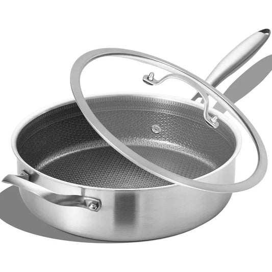 6 Quarts Hybrid Non Stick Tri-Ply Stainless Steel Sauté Pan with Lid,12 Inch Deep Frying Pan,Large Skillet,Induction C