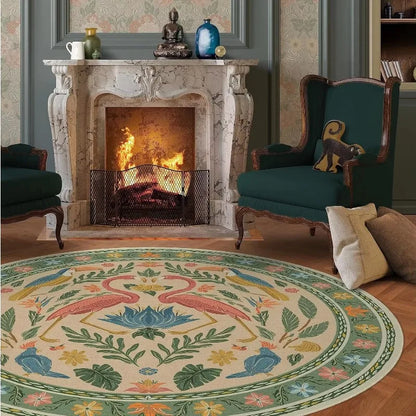 Living Room Round Rug for Bedroom Bedside Anti-Slip Floor Mat Bohemian Style Animal Plant Carpets Retro Home Decoration Rug