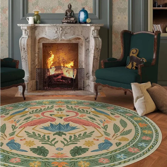 Living Room Round Rug for Bedroom Bedside Anti-Slip Floor Mat Bohemian Style Animal Plant Carpets Retro Home Decoration Rug
