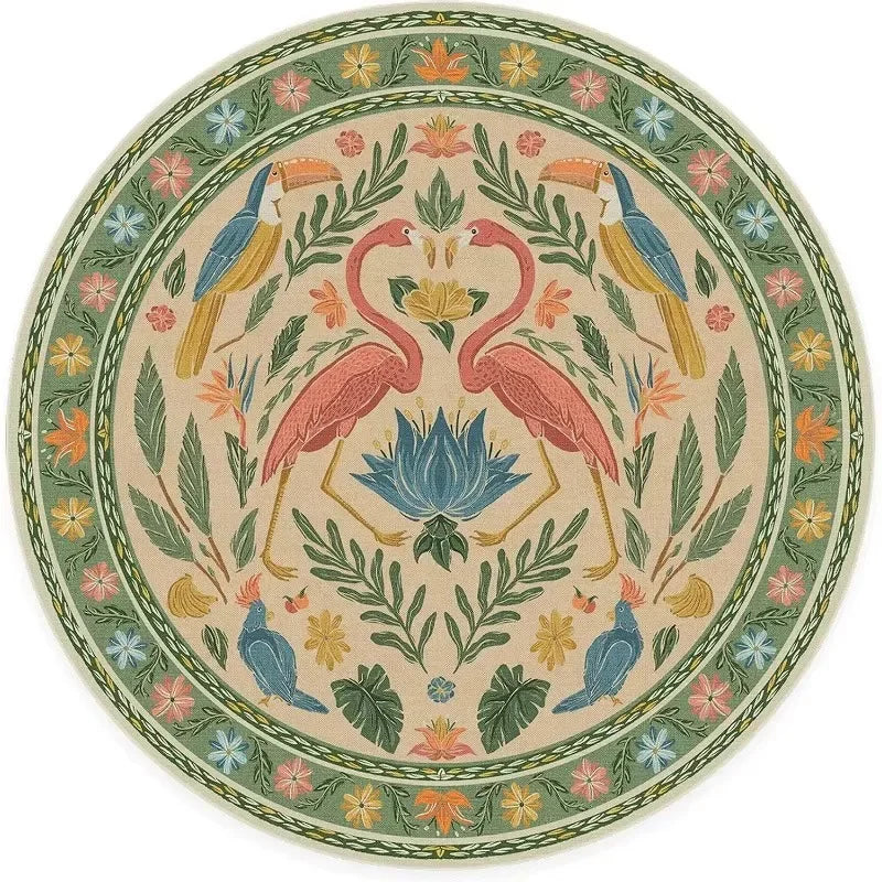 Living Room Round Rug for Bedroom Bedside Anti-Slip Floor Mat Bohemian Style Animal Plant Carpets Retro Home Decoration Rug