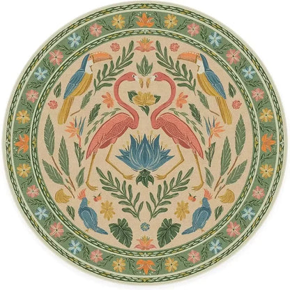 Living Room Round Rug for Bedroom Bedside Anti-Slip Floor Mat Bohemian Style Animal Plant Carpets Retro Home Decoration Rug