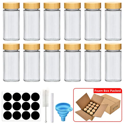 12 pcs Glass Spice Jars with Bamboo Lids Include with Minimalist Spice