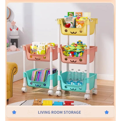 Household living room multi-layer cartoon smiley movable trolley floor shelves children's toys snacks book bags organizing rack