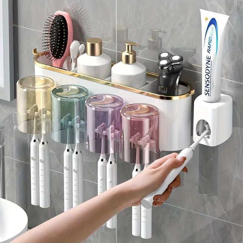 Toothbrush Holder with Squeezer Perforation-Free Bathroom Shelf