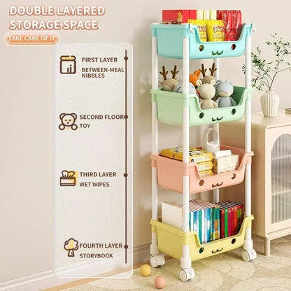Household living room multi-layer cartoon smiley movable trolley floor shelves children's toys snacks book bags organizing rack