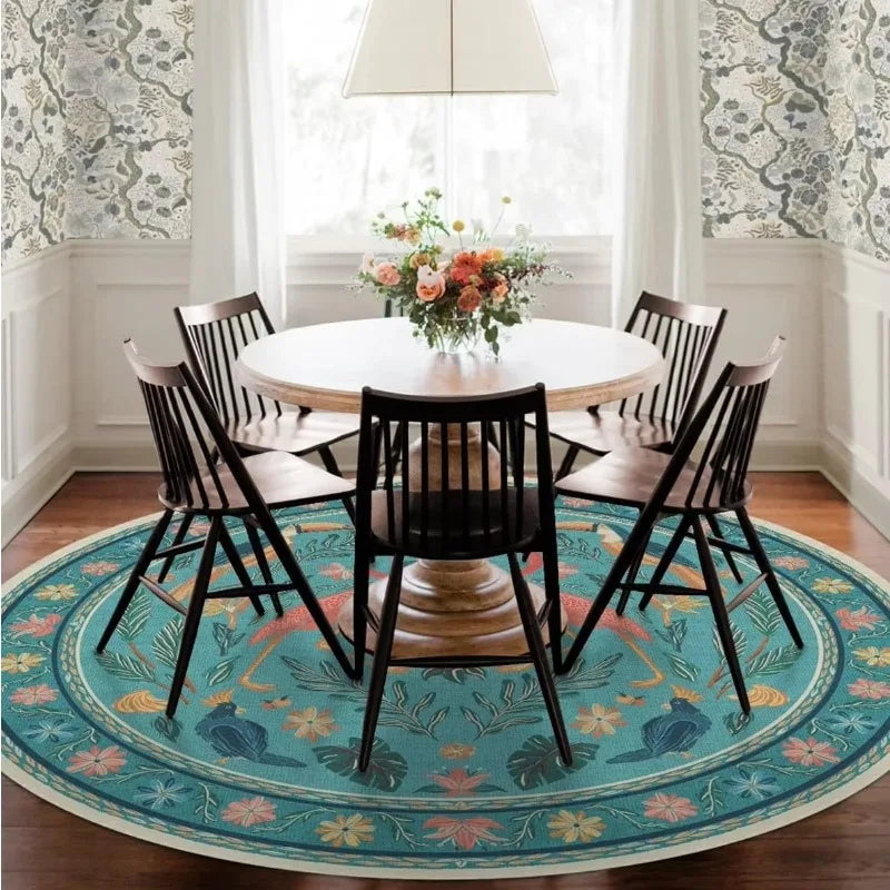 Living Room Round Rug for Bedroom Bedside Anti-Slip Floor Mat Bohemian Style Animal Plant Carpets Retro Home Decoration Rug