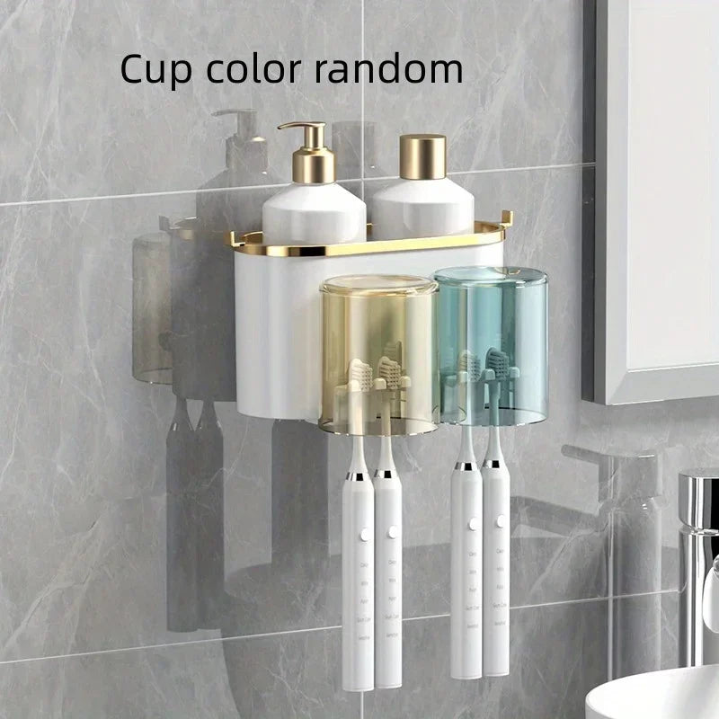 Toothbrush Holder with Squeezer Perforation-Free Bathroom Shelf