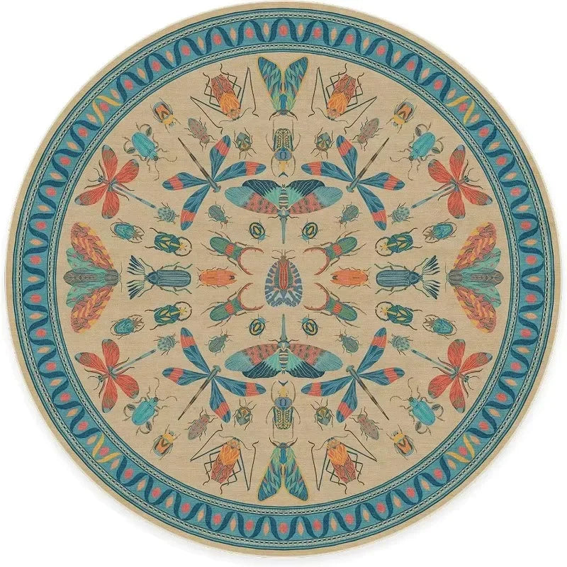 Living Room Round Rug for Bedroom Bedside Anti-Slip Floor Mat Bohemian Style Animal Plant Carpets Retro Home Decoration Rug