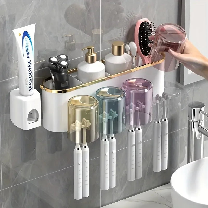 Toothbrush Holder with Squeezer Perforation-Free Bathroom Shelf