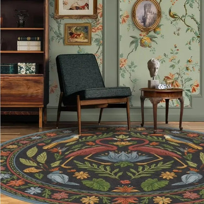 Living Room Round Rug for Bedroom Bedside Anti-Slip Floor Mat Bohemian Style Animal Plant Carpets Retro Home Decoration Rug