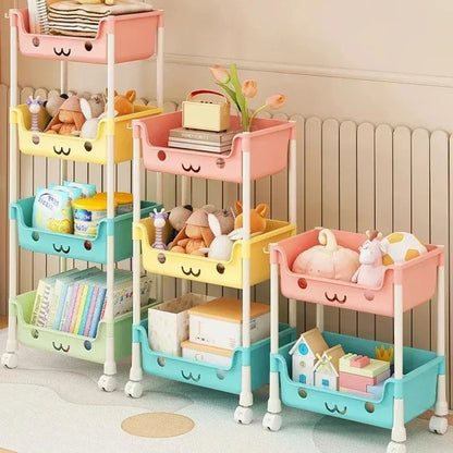 Household living room multi-layer cartoon smiley movable trolley floor shelves children's toys snacks book bags organizing rack