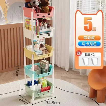 Household living room multi-layer cartoon smiley movable trolley floor shelves children's toys snacks book bags organizing rack