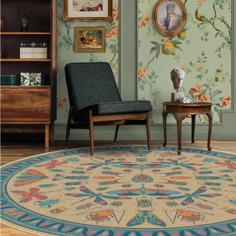Living Room Round Rug for Bedroom Bedside Anti-Slip Floor Mat Bohemian Style Animal Plant Carpets Retro Home Decoration Rug