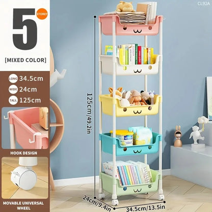 Household living room multi-layer cartoon smiley movable trolley floor shelves children's toys snacks book bags organizing rack