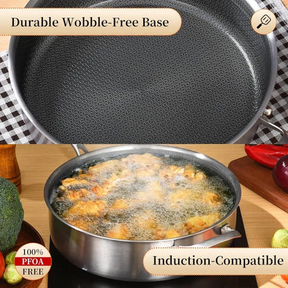6 Quarts Hybrid Non Stick Tri-Ply Stainless Steel Sauté Pan with Lid,12 Inch Deep Frying Pan,Large Skillet,Induction C