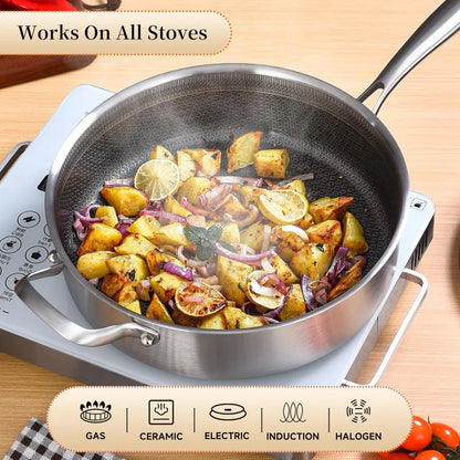 6 Quarts Hybrid Non Stick Tri-Ply Stainless Steel Sauté Pan with Lid,12 Inch Deep Frying Pan,Large Skillet,Induction C