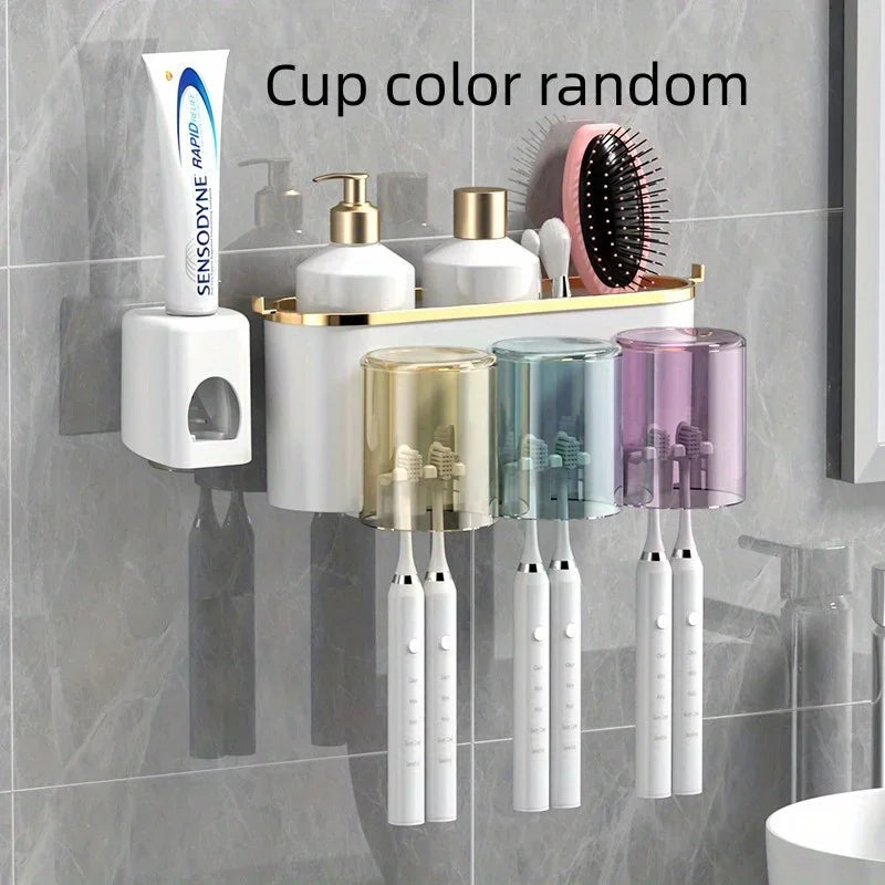 Toothbrush Holder with Squeezer Perforation-Free Bathroom Shelf