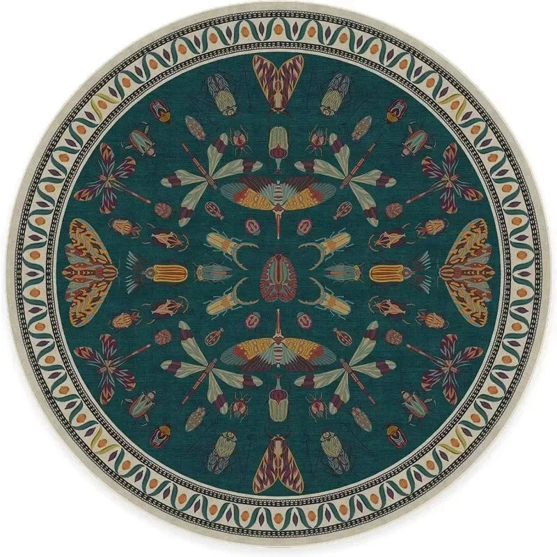 Living Room Round Rug for Bedroom Bedside Anti-Slip Floor Mat Bohemian Style Animal Plant Carpets Retro Home Decoration Rug