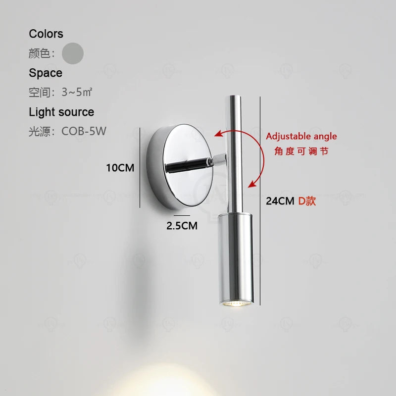 Modern bedroom bedside reading small wall lamp electroplated silver study living room children's room adjustable angle wall lamp