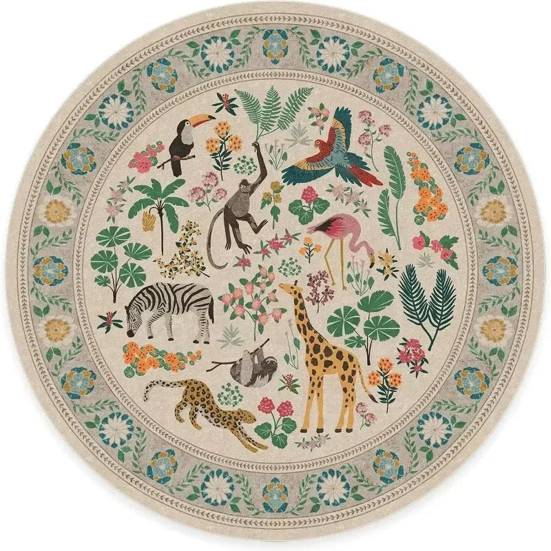 Living Room Round Rug for Bedroom Bedside Anti-Slip Floor Mat Bohemian Style Animal Plant Carpets Retro Home Decoration Rug